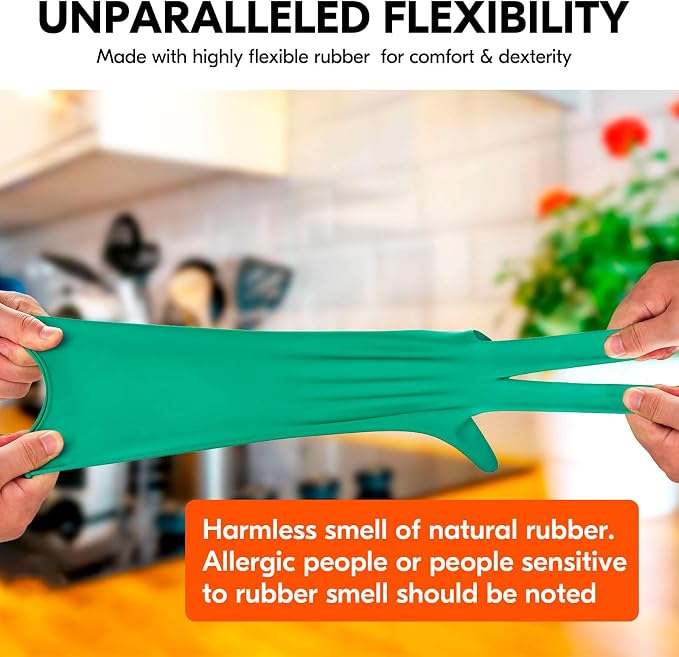 Vgo... 3-Pairs Reusable Household Gloves, Rubber Dishwashing gloves, Extra Thickness, Long Sleeves, Kitchen Cleaning, Working, Painting, Gardening, Pet Care (Size S, Green, HH4601)