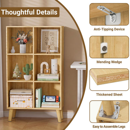 VAFHYLLIS 6 Cube Storage Organizer with Legs, 3 Tier Cube Low Bookcase Freestanding Storage Display Organizer for Home Office, Six-Cubes Open Shelf Bookshelf (Natural Oak, 6 Cube Vertical)