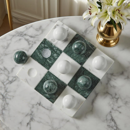 Green Marble Tic Tac Toe Board, Fresh Elegant Checkerboard, 7x7 Inch Premium Handcrafted Marble Tic Tac Toe Board, Modern Room Decor for Living Room, Office, Coffee Table