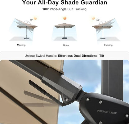 PURPLE LEAF 8.2' X 11.5' Tilting Patio Umbrella with Base Outdoor Cantilever Swivel Rectangle Umbrella Aluminum Offset Umbrella with 360-degree Rotation for Garden Deck Pool Patio Beige
