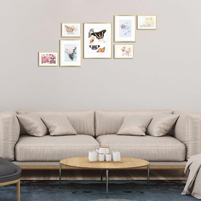 Golden State Art, Aluminum Gallery Wall Frame Set of 7 - Includes One 11x14, Two 8x10, and Four 5x7 - Metal Frames with Mat & Real Glass Cover for Elegant Home or Office Decor (Style 2, Gold)