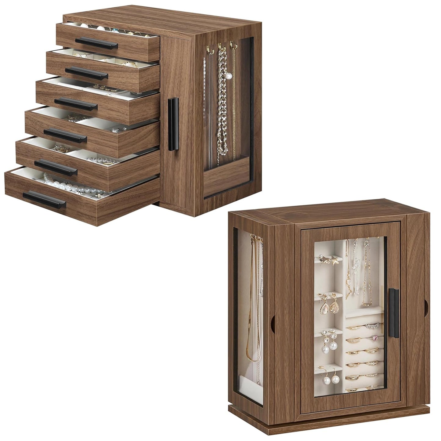 HOOBRO Jewelry Box for Women, Jewelry Organizer Box, 6-Tier Wooden Jewelry Box and 360° Rotating Jewelry Box, Wooden Jewelry Organizer Bundle, BH12JB04-BH30JB04