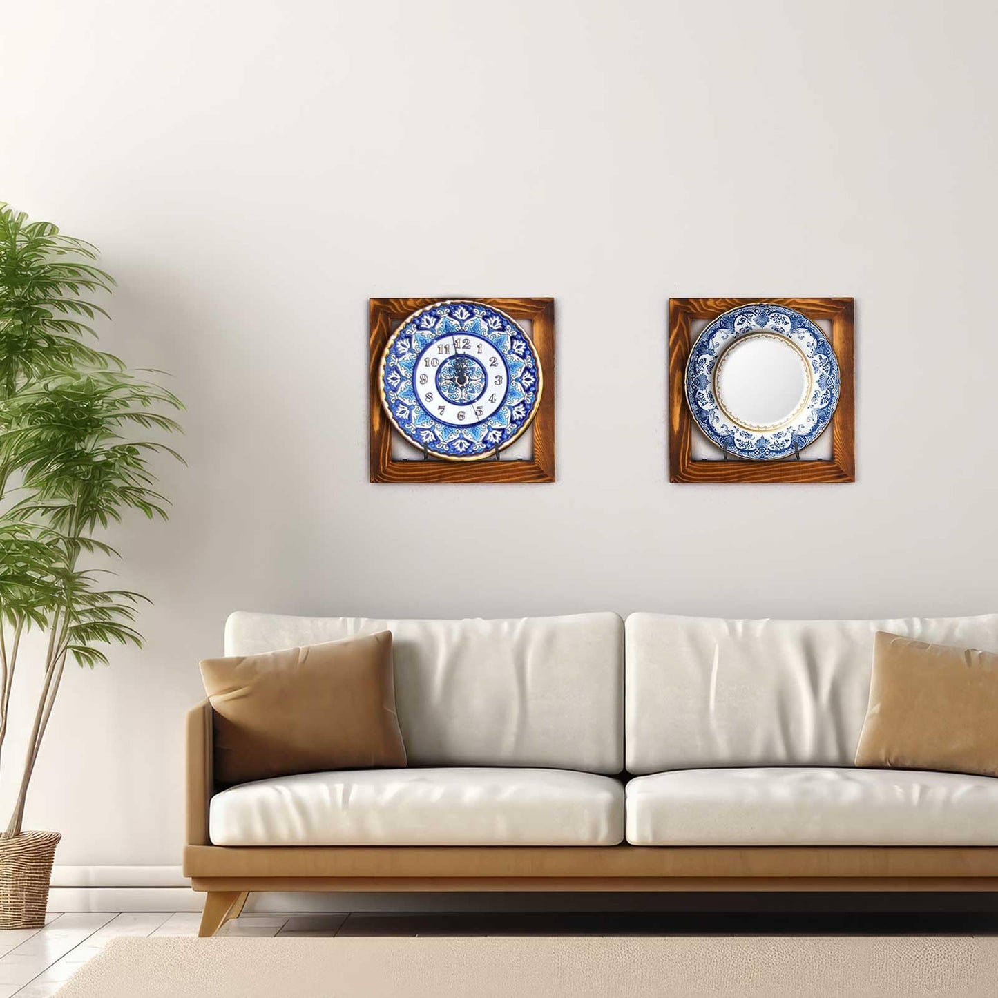 Yalikop 2 Set Plate Hangers, Wall Mounted Wooden Plate Display Holders, Rustic Burnt Solid Wood Frame with Black Metal Hooks for 8 to 11 Inch Plates, Platters & Dishes for Home & Kitchen Decoration