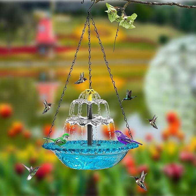 Hanging Bird Bath with Solar Fountain - 3 Layers Cascading Bird Bath Fountains | with Solar Pump & Bowl, Bird Baths for Hummingbirds, Garden Patio Backyard Lawn Decor