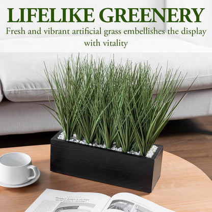 MyGift 12 Inch Desktop Artificial Green Grass Plants Faux Greenery Centerpiece with Rustic Black Solid Wood Planter Box