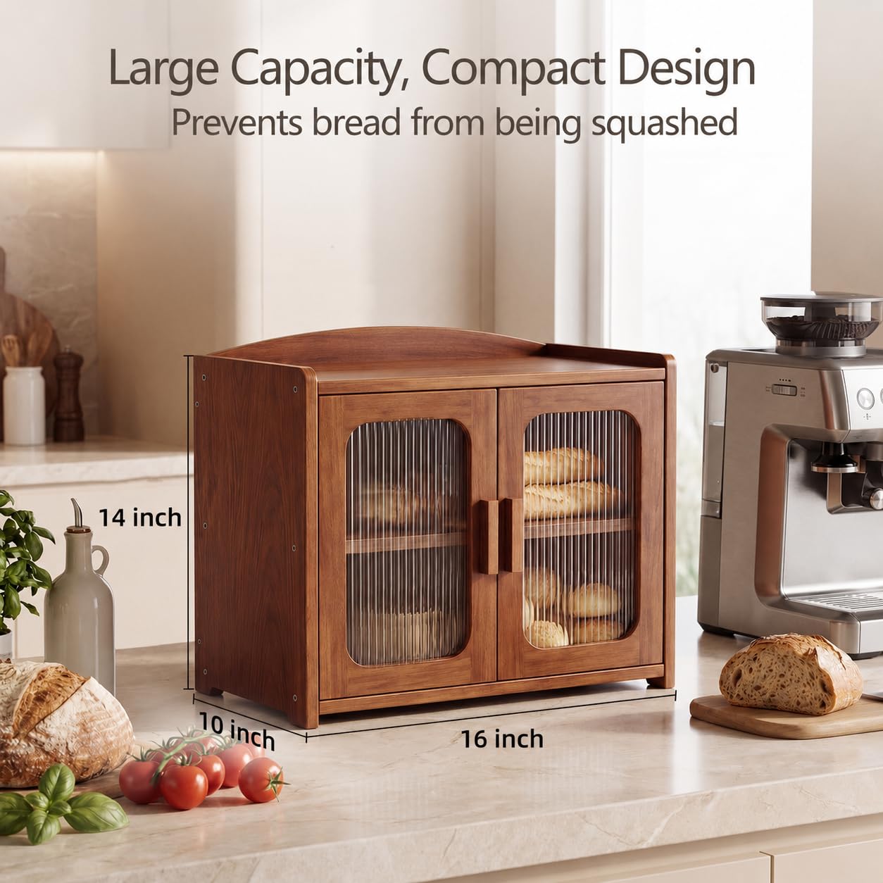 Florwish Premium Solid Wood Bread Box for Kitchen Countertop, Large Capacity 2 Tier Wooden Bread Box for Homemade Bread, Sourdough Bread and Bagels, Modern Chestnut Brown