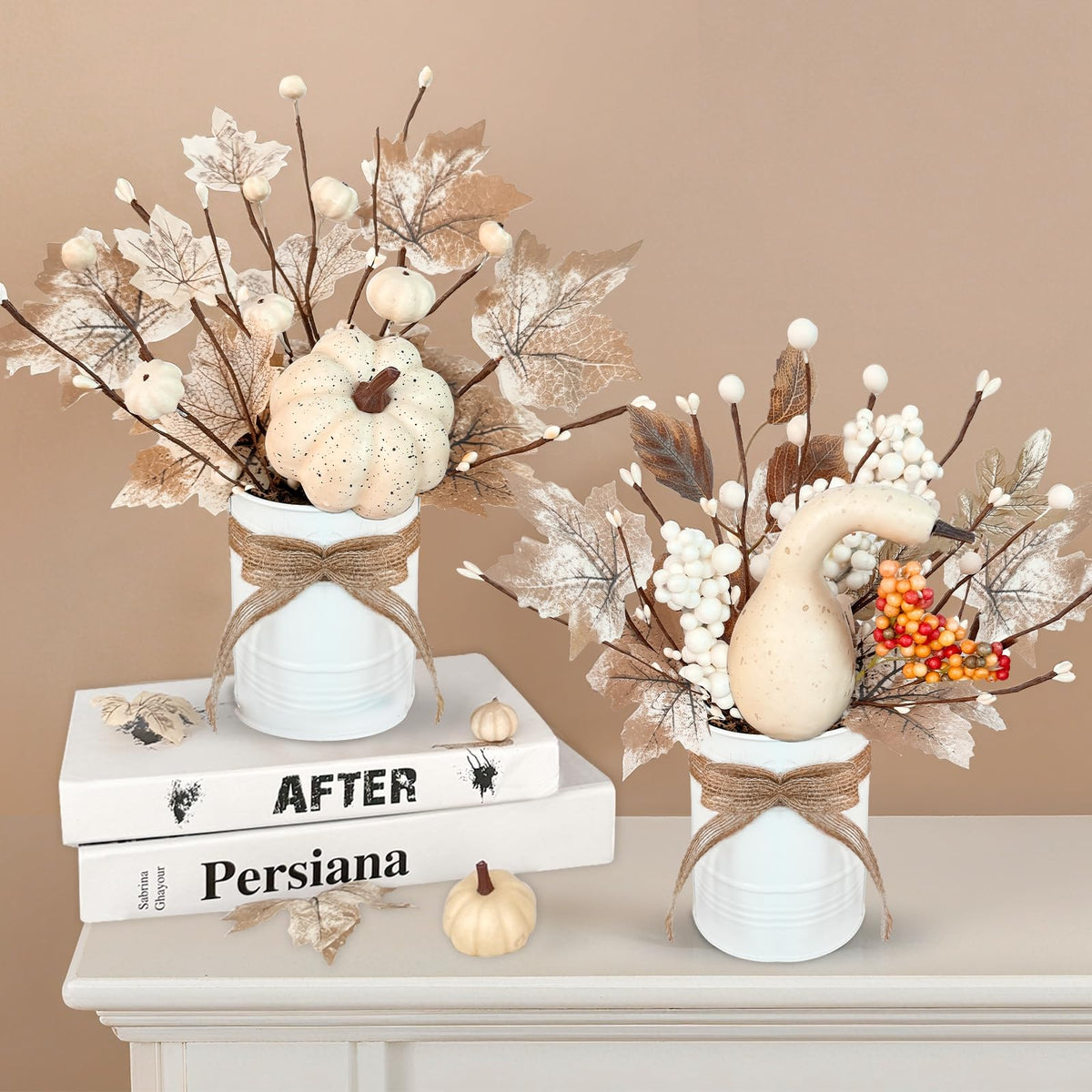 2 Pack 12" Fall Decorations Fall Centerpieces for Tables Potted White Maple Arrangement in Metal Pot White Pumpkin Berried Autumn Thanksgiving Decorations for Home Table Kitchen Office Farmhouse Decor