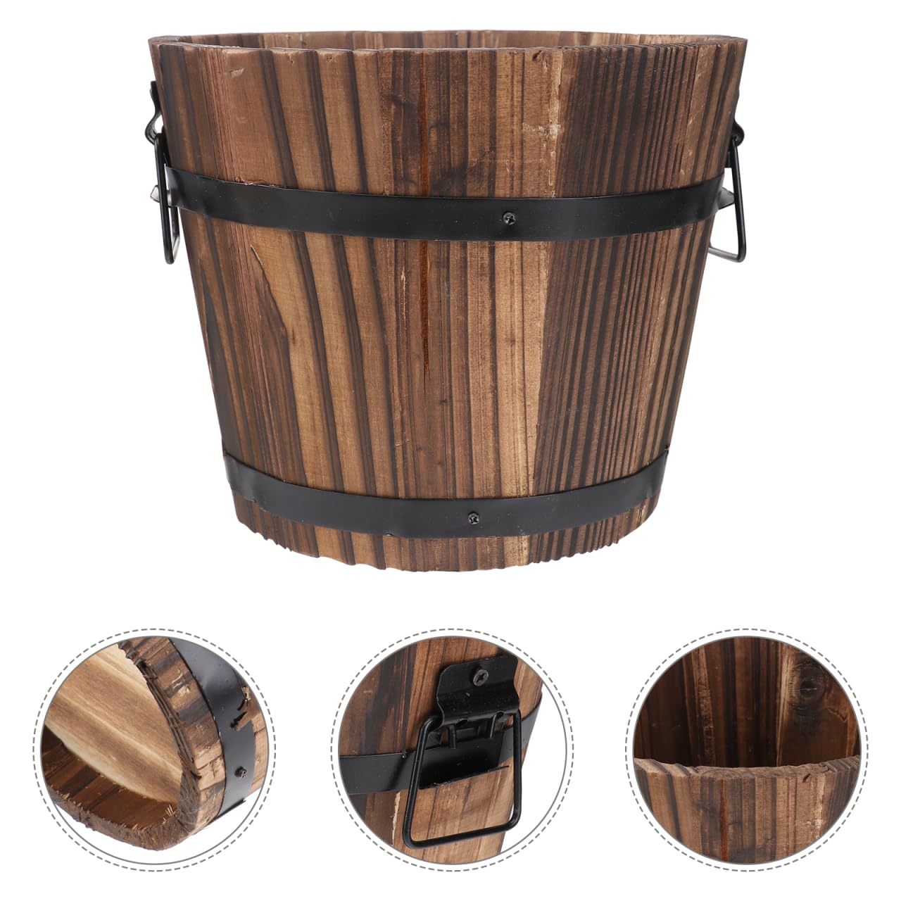 DOITOOL Rustic Wooden Barrel Planter: Wood Whiskey Barrel Bucket Flower Pots Indoor Outdoor Plants Boxes Container for Home Garden Patio Backyard - 7.08 x 5.9 x 5.1 inches (Large)
