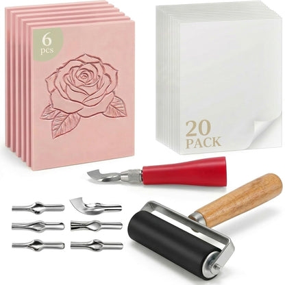Oopsu Linocut Printmaking Kit - 6 PCS 4"x6" Soft Rubber Linoleum Blocks, Brayer & Carving Tools | Block Printing & Stamp Making Supplies for Beginners, Hobbyists & Artists