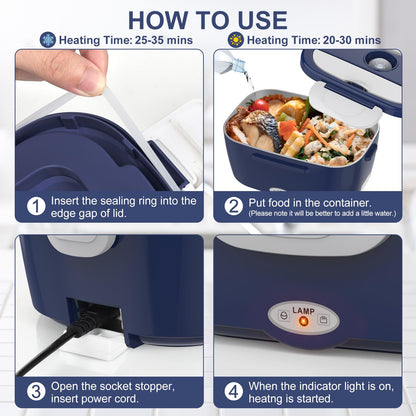 Electric Lunch Box Food Heater, 3 in 1 Ultra Quick Heated Lunch Boxes for Adults, 12V/24V/110V Portable Food Warmer for Car/Truck/Office With Fork Spoon and Insulated Carry Bag