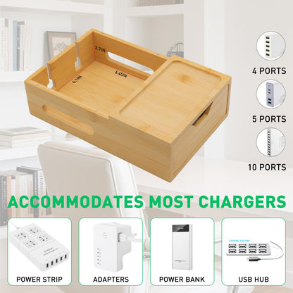 Bamboo Charging Station for Multiple Devices, Desk Charging Organizer with Drawer & Tray, Wood Docking Station for Multi Devices, Cell Phone, Tablet (Included 6 Cables, 5 Port USB Charger)