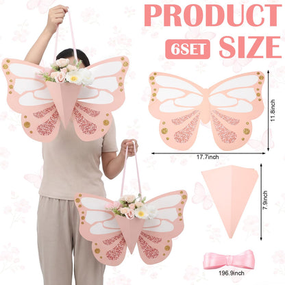 Tenceur 6 Pcs Flower Gift Bags DIY Butterfly Flower Bouquet Bags with Ribbon Pink Butterfly Shape Floral Wrapping Paper for Summer Birthday Wedding DIY Gift Bouquet Wrapping Party Supplies