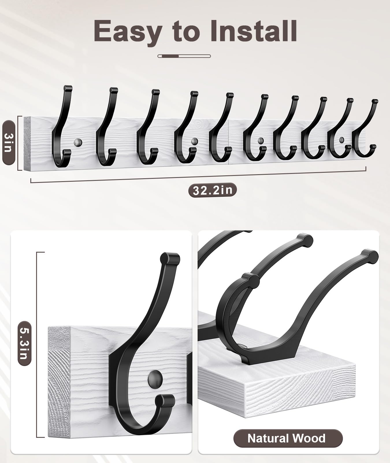 Optish 2 Pack Wooden Coat Rack Wall Mount, 16.1" Rustic Coat Hanger Hooks with 10 Double Hooks, Wall Coat Rack for Hat, Clothes, Bags, Jacket, Brown, White