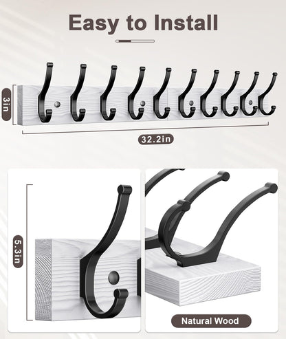 Optish 2 Pack Wooden Coat Rack Wall Mount, 16.1" Rustic Coat Hanger Hooks with 10 Double Hooks, Wall Coat Rack for Hat, Clothes, Bags, Jacket, Brown, White