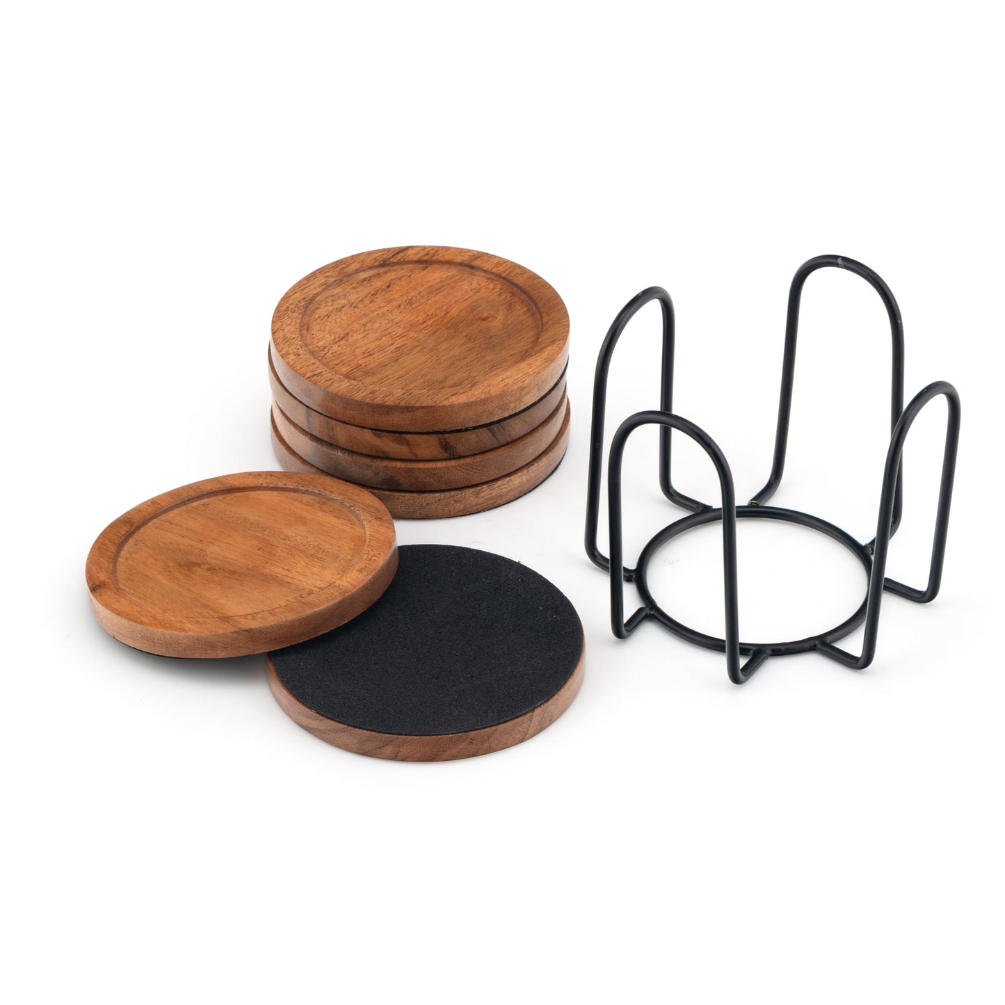 Acacia Wood Round Coasters Set of 6 with Holder – Absorbent Drink Coasters for Coffee & Dining Tables, Farmhouse Home Decor Bar Accessories, Housewarming Gift