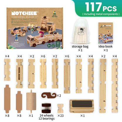 Jovi-mindly＆Notchies C117PCS Wooden Blocks Car Set Wooden Blocks with Wheels＆Vehicle Stickers|Preschool Learning Toys Wood Blocks Building for Kids Ages 3+ Creative Construction Birthday Toys Gifts