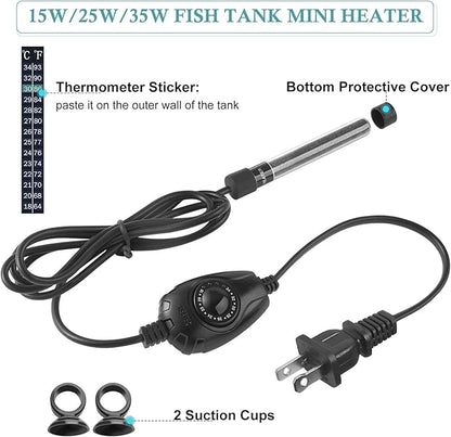 HITOP 15W Super Mini Aquarium Heater: Adjustable Heater for Small Fish Tank 1-4Gallons, with External Controller, Betta Heater for Fish Bowls(15W)