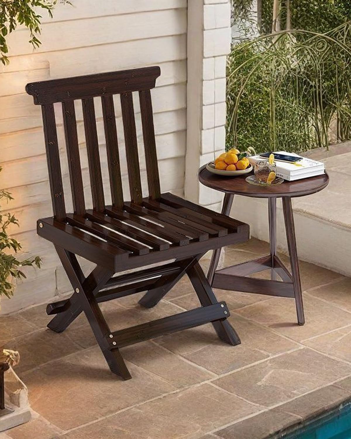 ZHEHUA Walnut Color Bamboo Folding Stool with Backrest 12.5 in