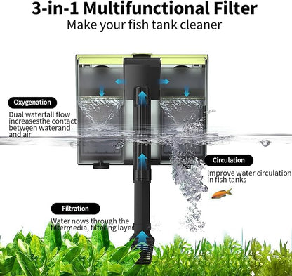 Aquarium Filter- 4 in 1 Double Waterfall U-V Fish Tank Filter for Green Water & Algae Clean, 8W Quiet Hang on Filter Adjustable Flow (UV Filter)