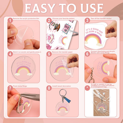 GLASSWINDS 140 PCS Acrylic Keychain Blank Set, 20 Style Double-Sided Book Theme UV DTF Stickers Discs Tassels Jump Rings, Acrylic Keychain Making Kit for DIY Crafts Vinyl Employee Appreciation Gift
