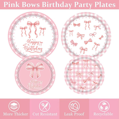219 pcs Pink Party Decorations Set with Bow Theme, Plates, Napkins, Cups, Cutlery, Balloons, Happy Birthday Foil Banner, Bow Foil Balloons, Tablecloth, and Stickers, Serves 24