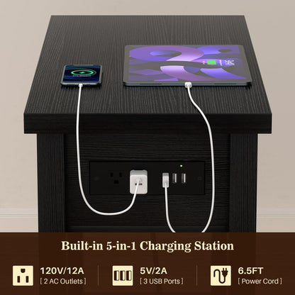 Armocity Narrow End Table with Charging Station - Farmhouse Side Table with Drawer, 14" Wide Wood Nightstand Slim Couch Bedside Table for Living Room Bedroom Small Spaces, Black