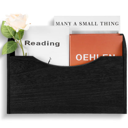Suzile Wall Mounted File Holder Wood Magazine Holder Wall Hanging File Organizer for Office Mail Magazine Letter Paper Folder Organization (Black)