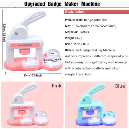 3-In-1 Badge Maker Machine,Upgrade No Assembly Required Button Maker Artist with 86 Sets Parts,DIY Pin Maker Press Machine Badge Punch Kit Present for Kids and Adults,Pink (Multiple Sizes Supported)
