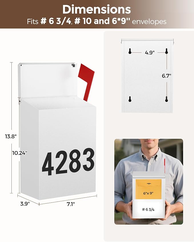 LAND·VOI Wall-Mount Mailbox with One Flag Kit and Three Sets of 0-9 Mailbox Number Stickers, Mailboxes for Outside, Galvanized Steel Rust-Proof Metal Post Box, 7.1"x3.9"x10.24", Textured White AMB05W