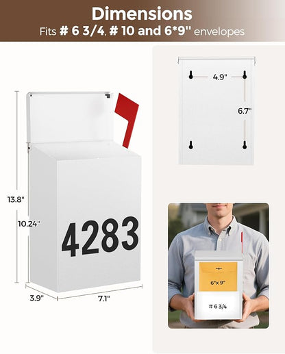 LAND·VOI Wall-Mount Mailbox with One Flag Kit and Three Sets of 0-9 Mailbox Number Stickers, Mailboxes for Outside, Galvanized Steel Rust-Proof Metal Post Box, 7.1"x3.9"x10.24", Textured White AMB05W