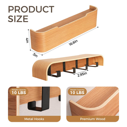 Coat Rack Wall Mount with Shelf Entryway Shelf Modern Key Holder Hanger Wall Shelves with Hidden Hooks for Hanging Towels Coats Hats Bags for Hallway Bathroom Bedroom(Oak, 4 Hooks)