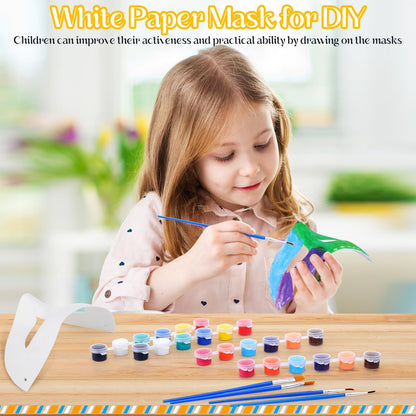 Tisancy 24 Pack White Paper Mask Half Face Masquerade Mask DIY with 12 Colors Acrylic Paint and Brushes Paper for Prom Prom(Acrylic Paint)