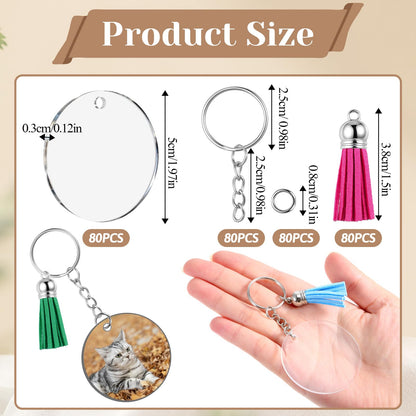 SHENLIU 320 Pcs Acrylic Keychain Blanks Kit, 2 Inch Round Double-Sided Clear Acrylic Blanks with Tassels Key Rings Jump Rings for DIY Keychain Making Sublimation Craft