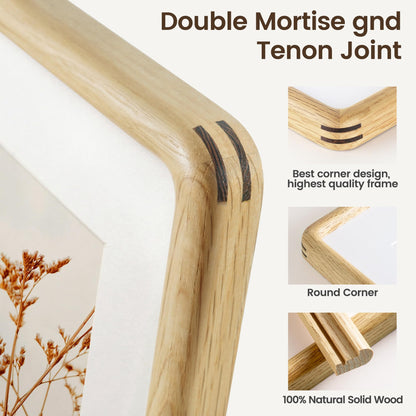 8x10 Picture Frame, USA-Sourced Natural Oak Wood Photo Frame with Tempered Glass, Double Mortise & Tenon Handcrafted Rounded Corner 8 by 10 Wooden Frame Matted to 5x7 Photos, Wall or Tabletop Display