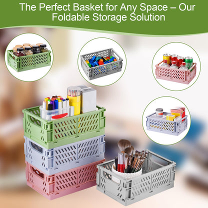 HUUSMOT 4-Pack Small Pastel Plastic Storage Baskets, Collapsible Crates for Organizing, Space-Saving Mini Bins for Classroom, Kitchen, Office, Bedroom (Green, 9.8" x 6.5" x 3.8")