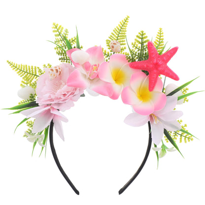 KorViSHOW Hawaiian Flower Crown Headband, Artificial Pink Orchid Plumeria Hawaii Floral Headpiec, Tropical Starfish Flower Headbands for Summer Beach Hula Dance Hair Accessories Party Favor Supplies
