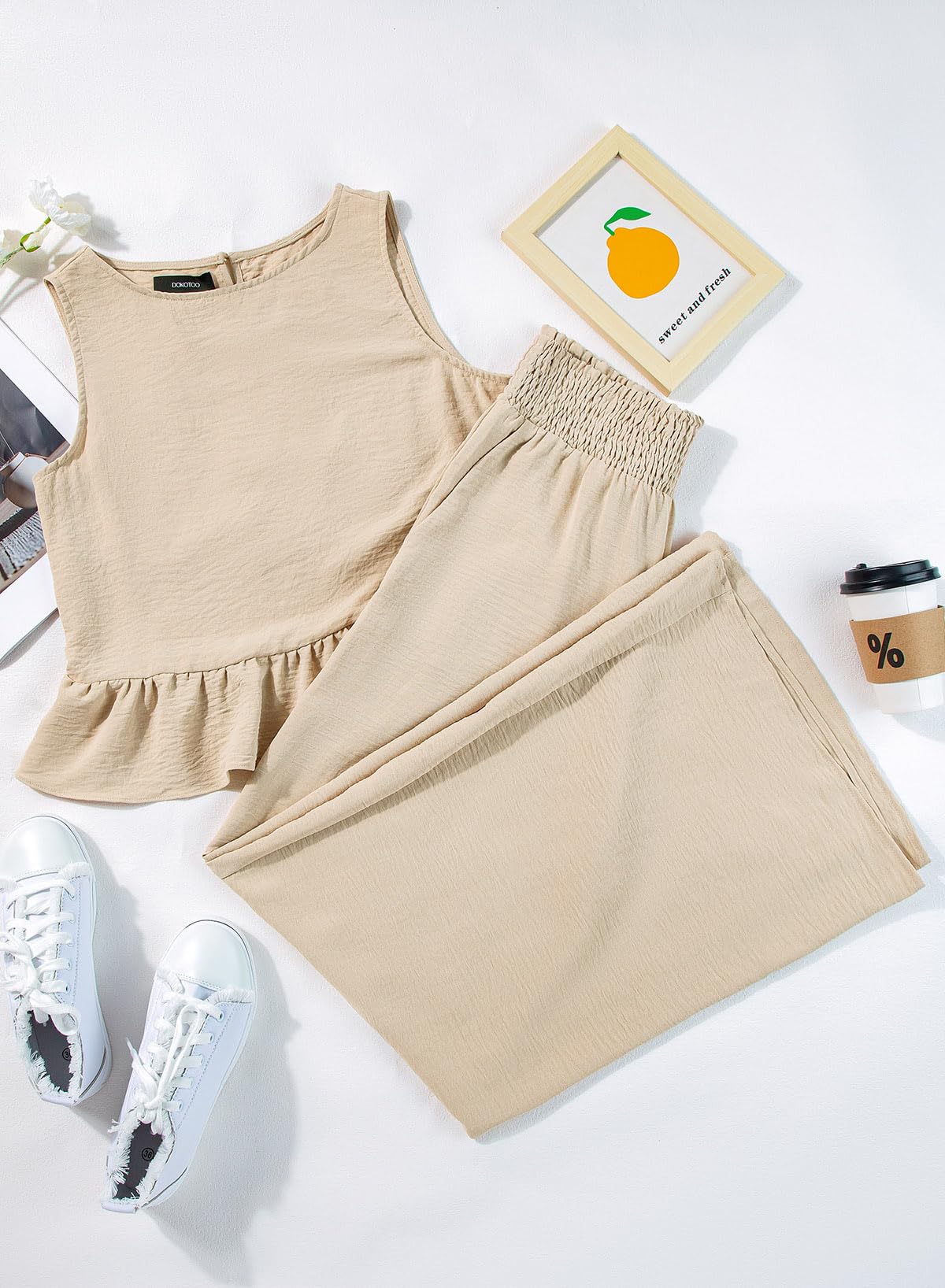 Dokotoo Pants Sets Women 2 Piece Outfits Sleeveless Round Neck Tank Tops Matching Sets for Women Elastic Waist Wide Leg