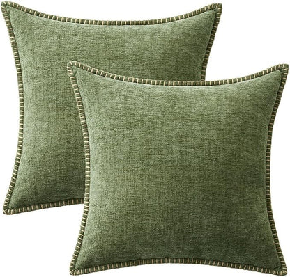 MIULEE Pack of 2 Couch Throw Pillow Covers 20x20 Inch Sage Green Farmhouse Decorative Pillow Covers with Stitched Edge Soft Chenille Solid Dyed Summer Pillow Covers for Sofa Bed Living Room