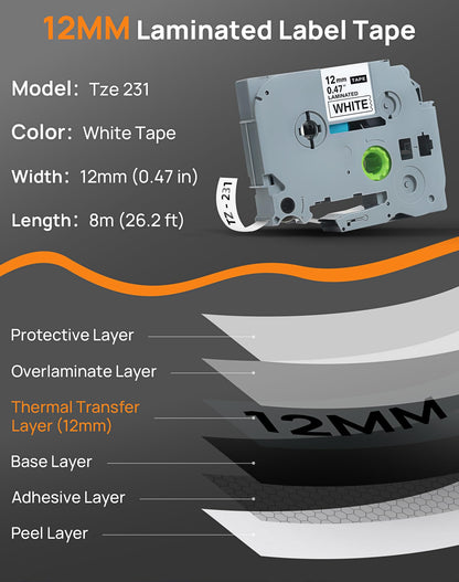 BORN4SHIP Replacement Brother P-Touch Label Tape, Tze Tape 12mm 0.47 Laminated White Tze-231 Tz 231 Tapes Compatible with Brother Label Maker PT-D210 D220 D400 D410 D450 H110 1280 Refill 6 Pack
