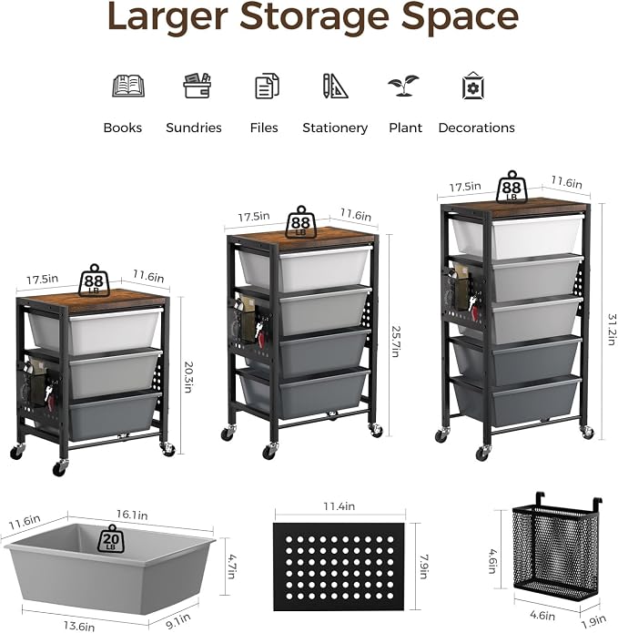 Rolling Cart with 4 Drawers, Plastic Drawer Storage Carts with Wheels & Wooden Tabletop, Metal Utility Cart with Pegboards, Office Living Room Classroom Craft Organization and Storage, Dark Grey