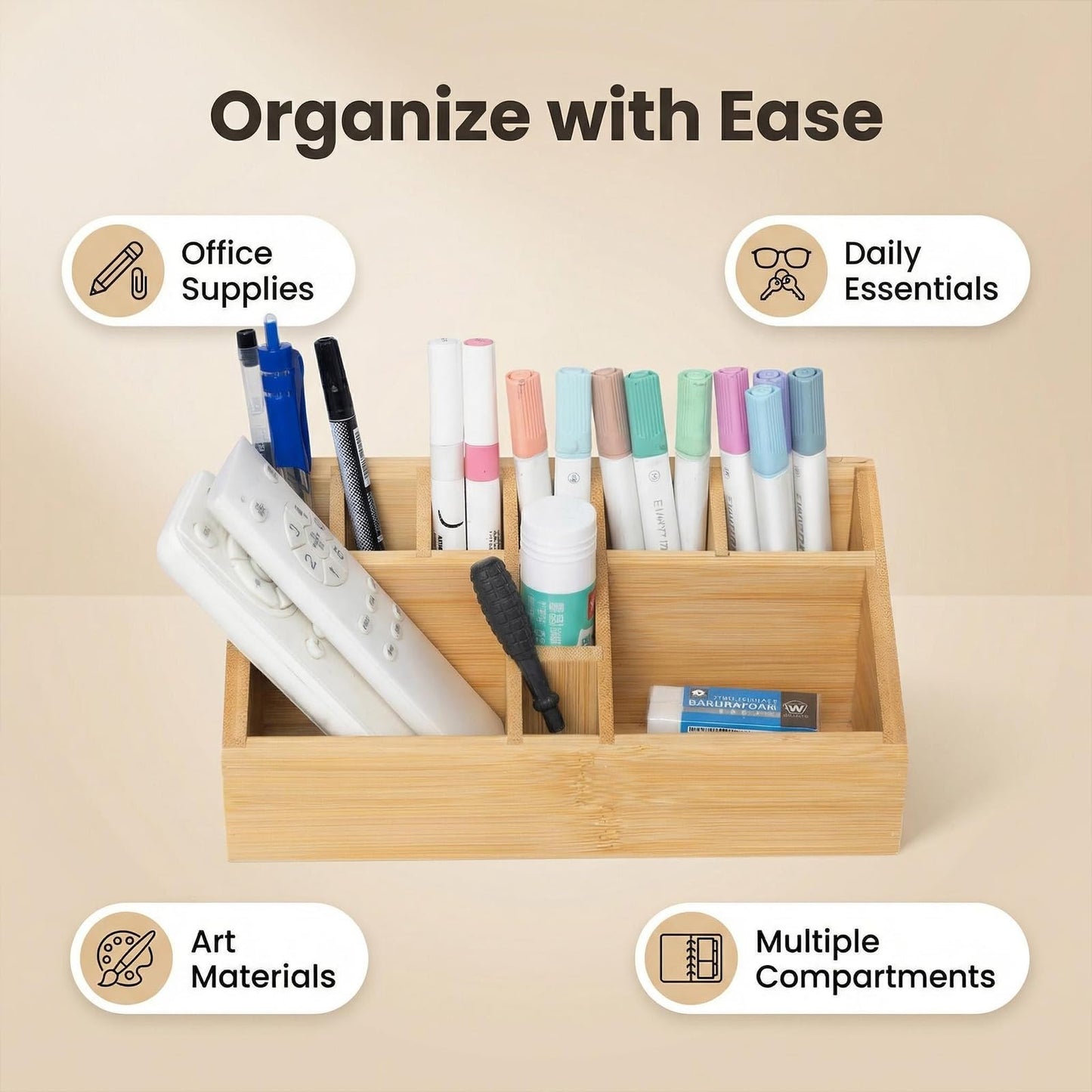 Ninebendstreams Bamboo Art Supply Organizer, Pen Holder Wooden Desktop Storage for Artists, Office Supplies, Makeup Brushes,Minimalist Desk Accessory for Home Studio, Classroom or Vanity