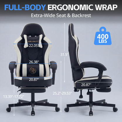 Kslysuty Desk Computer Gaming Chair - High Back Ergonomic Office Chair with Footrest and Lumbar Support, Swivel Comfy Home Gamer Video Game Chairs with Pocket Spring Cushion for Adults (White Leather)