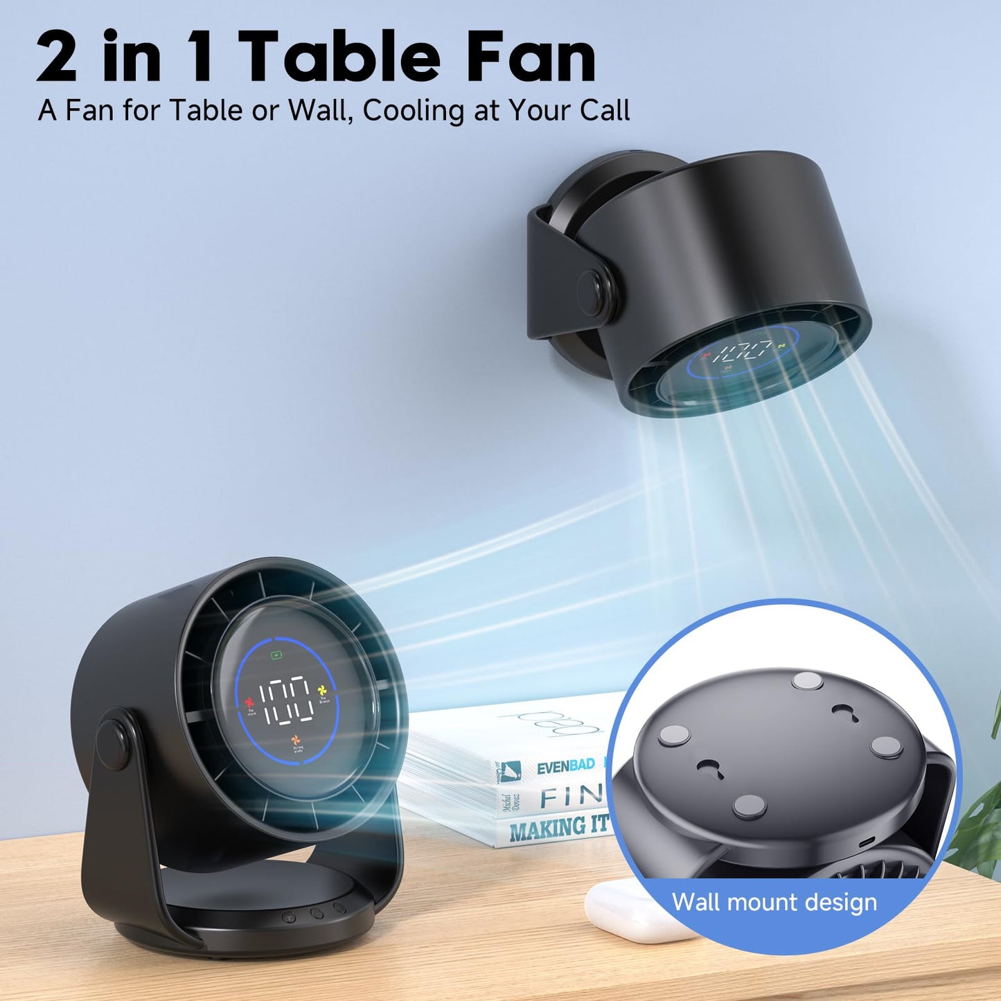 YOSHENMO Desk Fan, Turbo Table Fan for Bedroom, 100-Speed Digital Display, Low Noise, 105° Adjustable Tilt, 7.5-inch, Rechargeable Battery, Wall-Mouted Design for Home, Office, Travel Dark Black