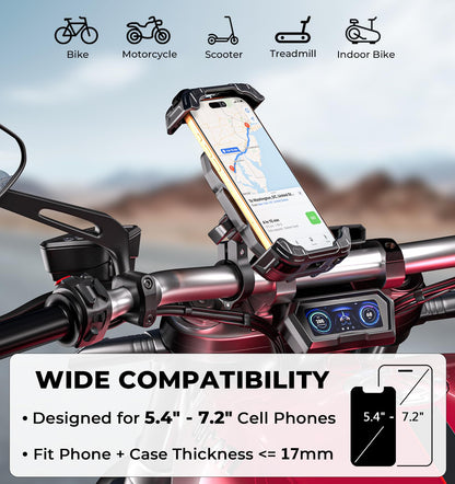 VAZESWIN Motorcycle Phone Mount [Secure Lock] One-Handed Operation Motorcycle Cellphone Holder, Bicycle Scooter Handlebar Clamp, Bike Phone Mount with Aluminum Alloy Base Fit for 5.4"-7.2" Smartphone