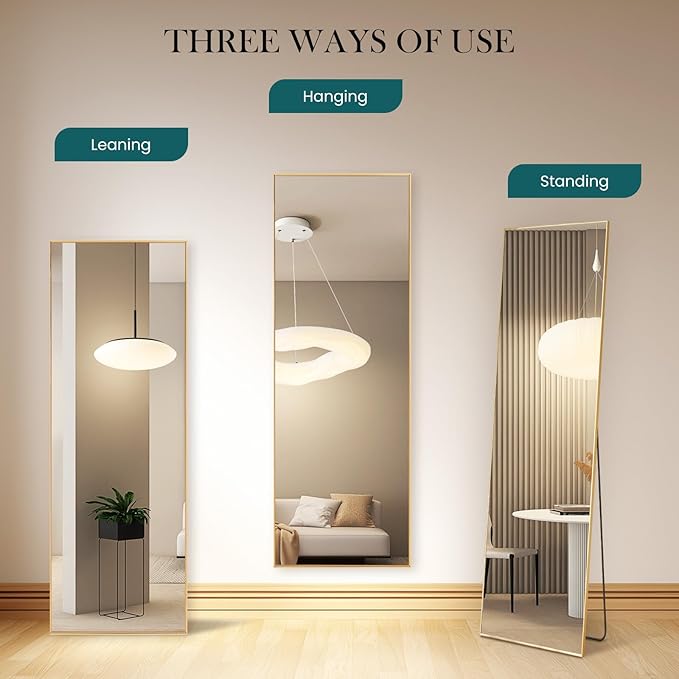 NEWBULIG Mirror Full Length, 16"x59" Body Wall Mirrors with Shatter-Proof Glass, Upgraded Floor Standing Mirror, Hanging or Leaning, with Stand Aluminum Alloy Frame for Home Decor, Bedroom, Gold