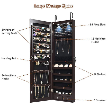 OFFICEJOY Wall/Door Mounted Jewelry Armoire w/Full-Length Mirror & LED Lights, Lockable Jewelry Armoire Mirror Organizer, Jewel Storage Hanging Cabinet w/Scarf Rod, 36 Hooks, 1 Makeup Pouch (Coffee)