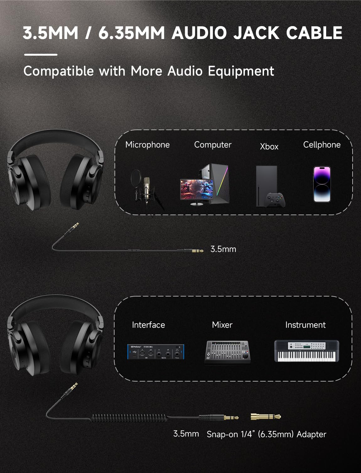 AOC Bluetooth Over Ear Headphones, Wireless Studio Monitor & Mixing DJ Headphones with 72H Playtime, Hi-Res, Built-in Mic, 3.5mm/6.35mm Wired Audio Jack for Guitar AMP, Podcast, PC Gaming - Black