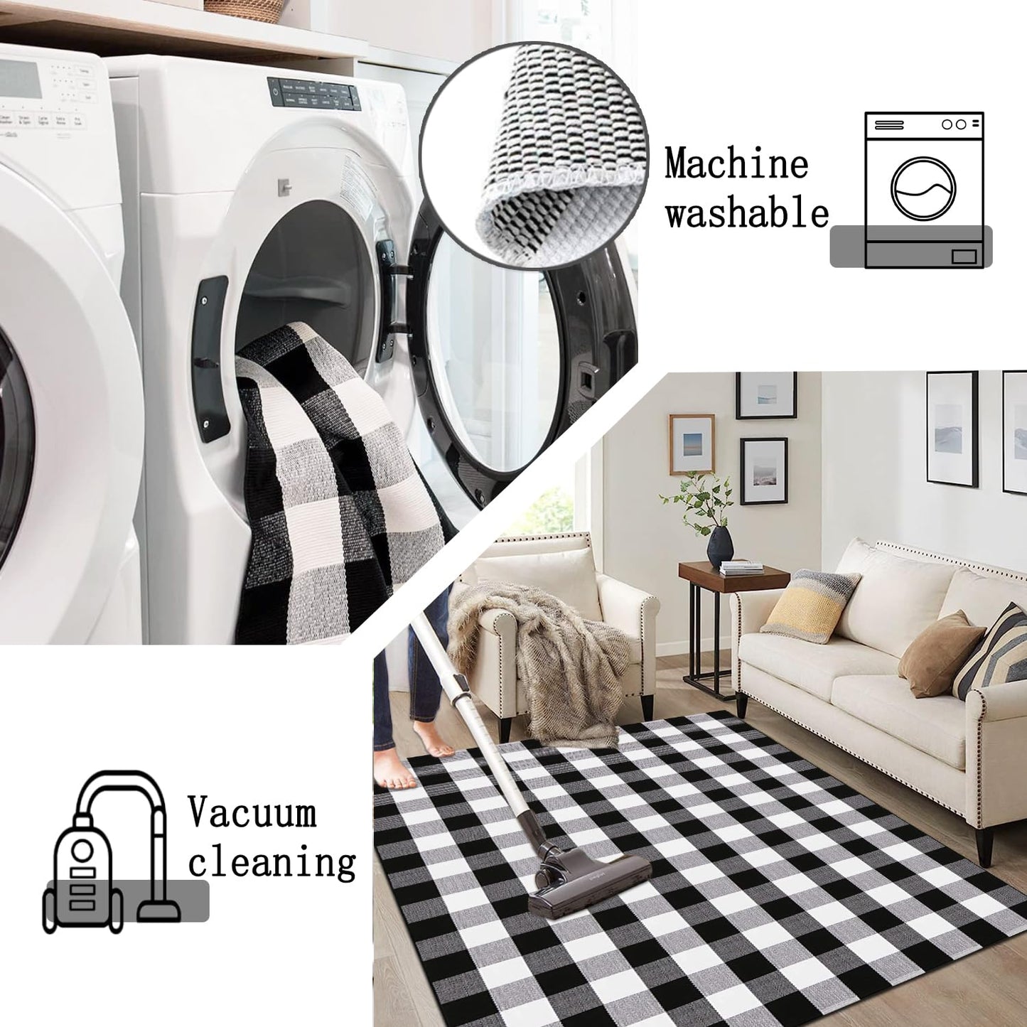 YINMEIJU Buffalo Plaid Rug 5.5'x7.5'Black and White Area Rug,Washable Cotton Woven Indoor/Outdoor Rug for Farmhouse/Dining Room/Bedroom/Living Room Rug Retro Lattice Checkered Carpet