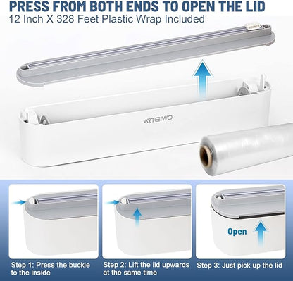 Magnetic Refillable Plastic Wrap Dispenser With Cutter, Tin Aluminum Foil Dispenser with Cutter, Sturdy Food Cling Wrap Film Cutter, 12 Inch X 328 Feet Plastic Wrap Included…