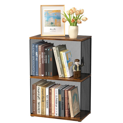 Dmevkic Small Bookshelf 2 Tiers Bookshelf for Small Spaces DIY Variable Stackable Cube Storage Organizer for Kid Bedroom,Living Room, Black Brown Wooden,2 Tiers Non-Detachable